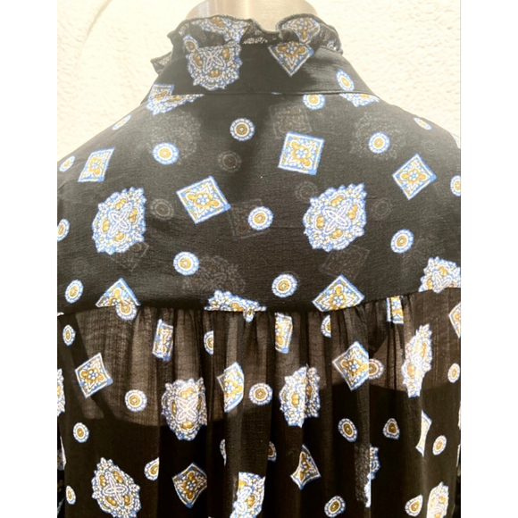 Free People Turn Turn Black Blue Medallion Boho Mini Dress Ruffle Mock Neck XS - Picture 8 of 13